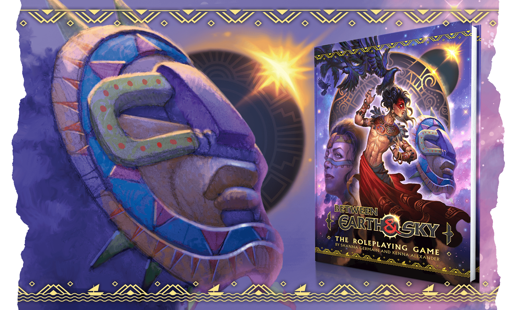 Image showing a mask in the style of pre-Colombian culture with an eclipsed sun behind it, next to a mockup of the Between Earth and Sky game book.