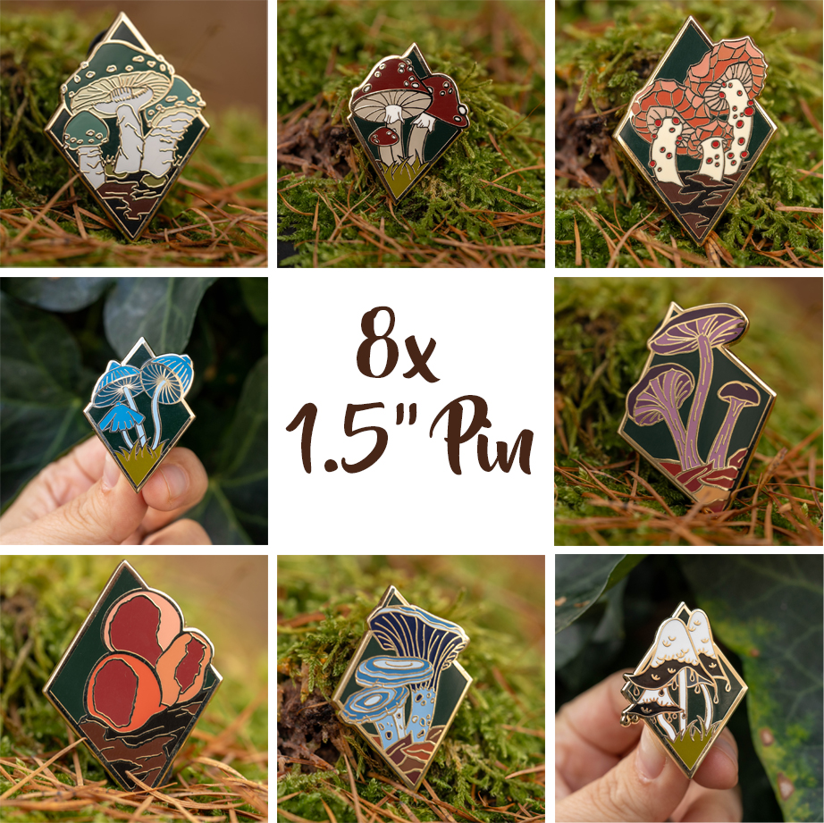 8x Colourful Mushroom Pins - The COMPLETE set