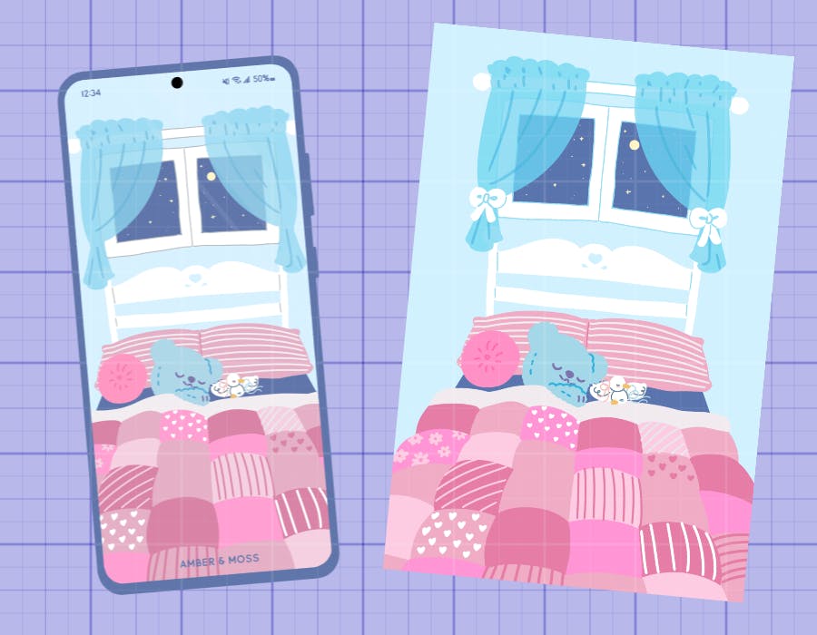 Doily bedtime illustration, used as both a phone wallpaper and a postcard print. The image has Doily cuddled up in bed, under a big pink patchwork quilt. The two geese are cuddled up next to Doily. There is a window with the moon and stars above them.