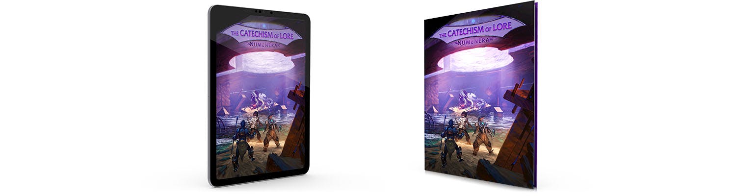 The Catechism of Lore book showing a scene of discovery as a group of adventurers realize their treasure is guarded by some weird creature. In print and PDF.