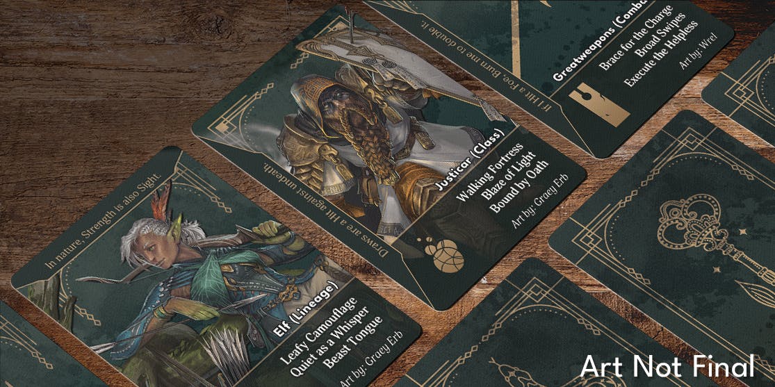Example of the cards in Deeds Drawn spread across a table.
