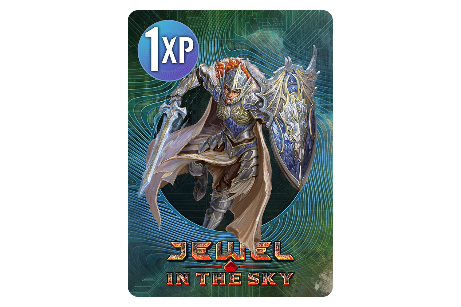 Mockup of a Cypher XP card featuring the Jewel in the Sky logo and an image of a fantasy character in ornate heavy armor.