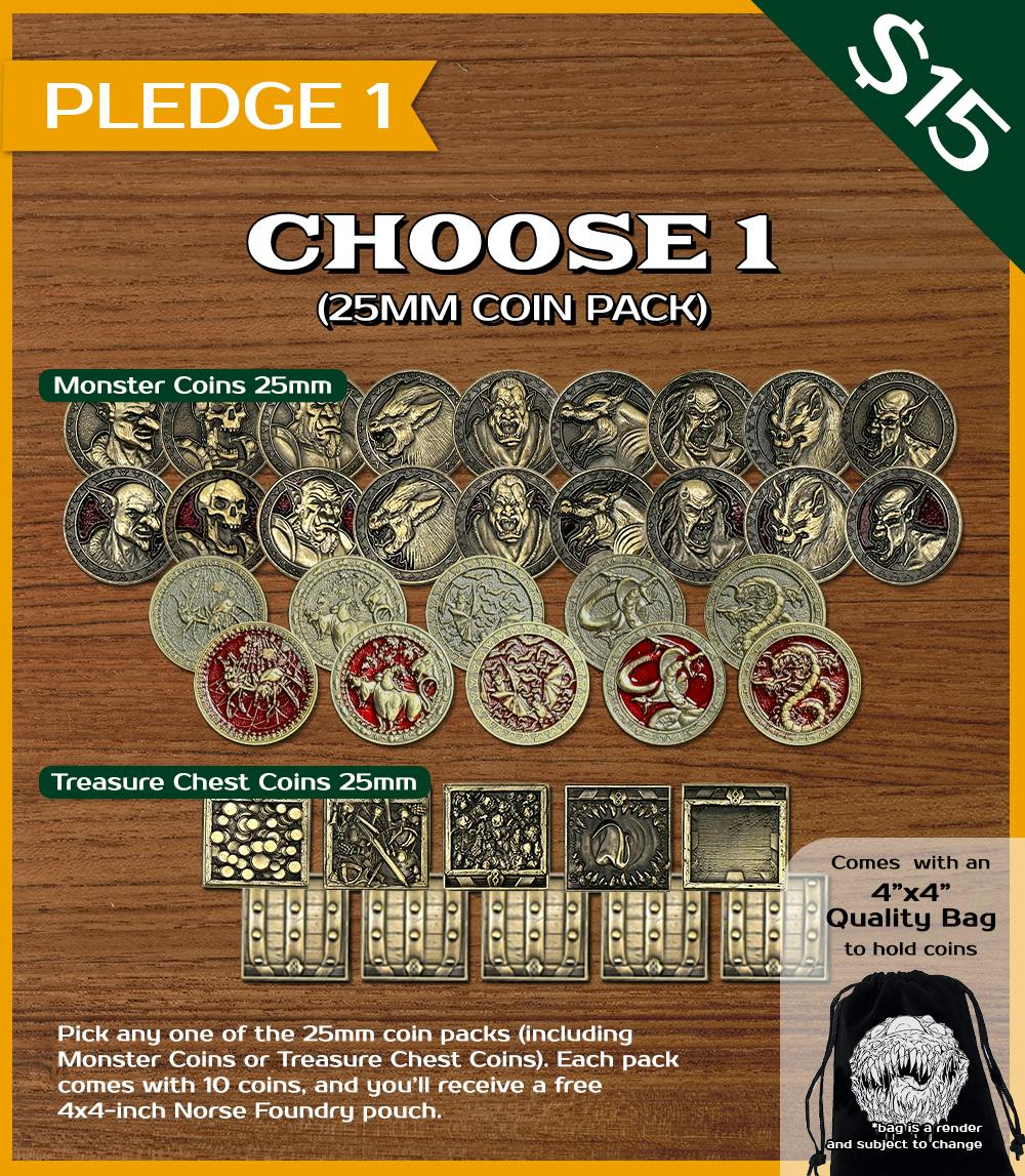1 Pack of 25mm Monster or Treasure Chest Coins (10 Coins Total)