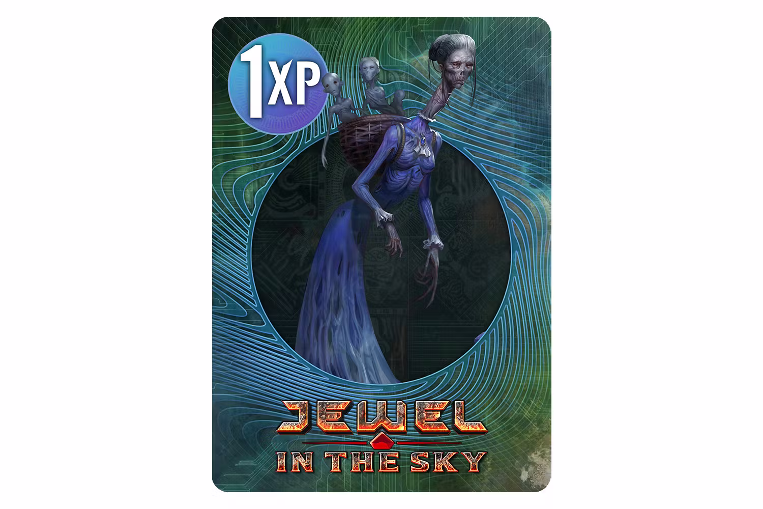 Mockup of a Cypher XP card featuring the Jewel in the Sky logo and an image of a distorted, ghostly woman in archaic garp, with a basket on her back filled with equally ghostly, distorted children.