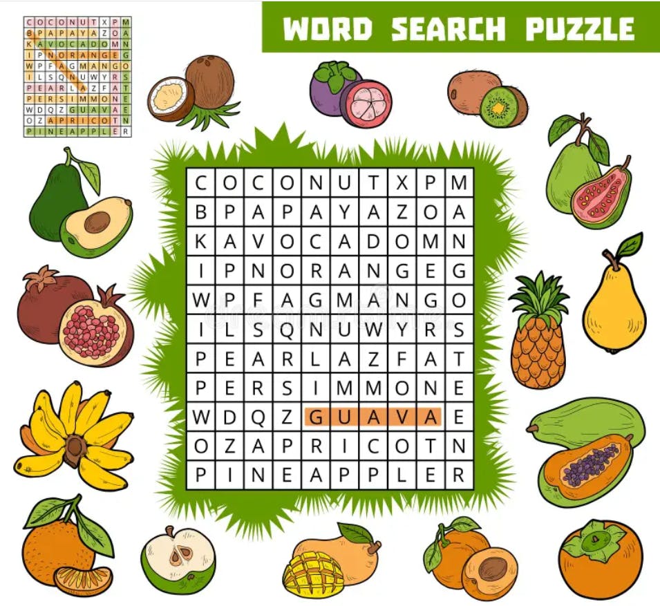 A word search of different fruits