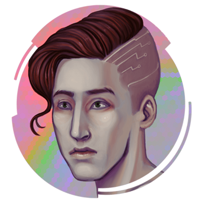 A 3/4 profile of a cyborg man with brown hair and a side shave.