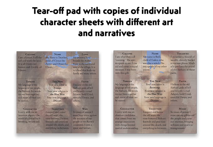  After these images, more black text on a white background reads, Tear-off pad with copies of individual character sheets with different art and narratives. Beneath the tear-off pad component listing, there are two character sheets. The one on the left features a bearded male figure with a tattoo on his face. A square of blue on top of the image interrupts the browns and neutral tones that make up the soft portrait. A grid of nine squares is laid over the portrait. The second character sheet features a female figure with red hair and a similar startling blue square in the middle of her forehead. A grid of text is also laid over this image.
