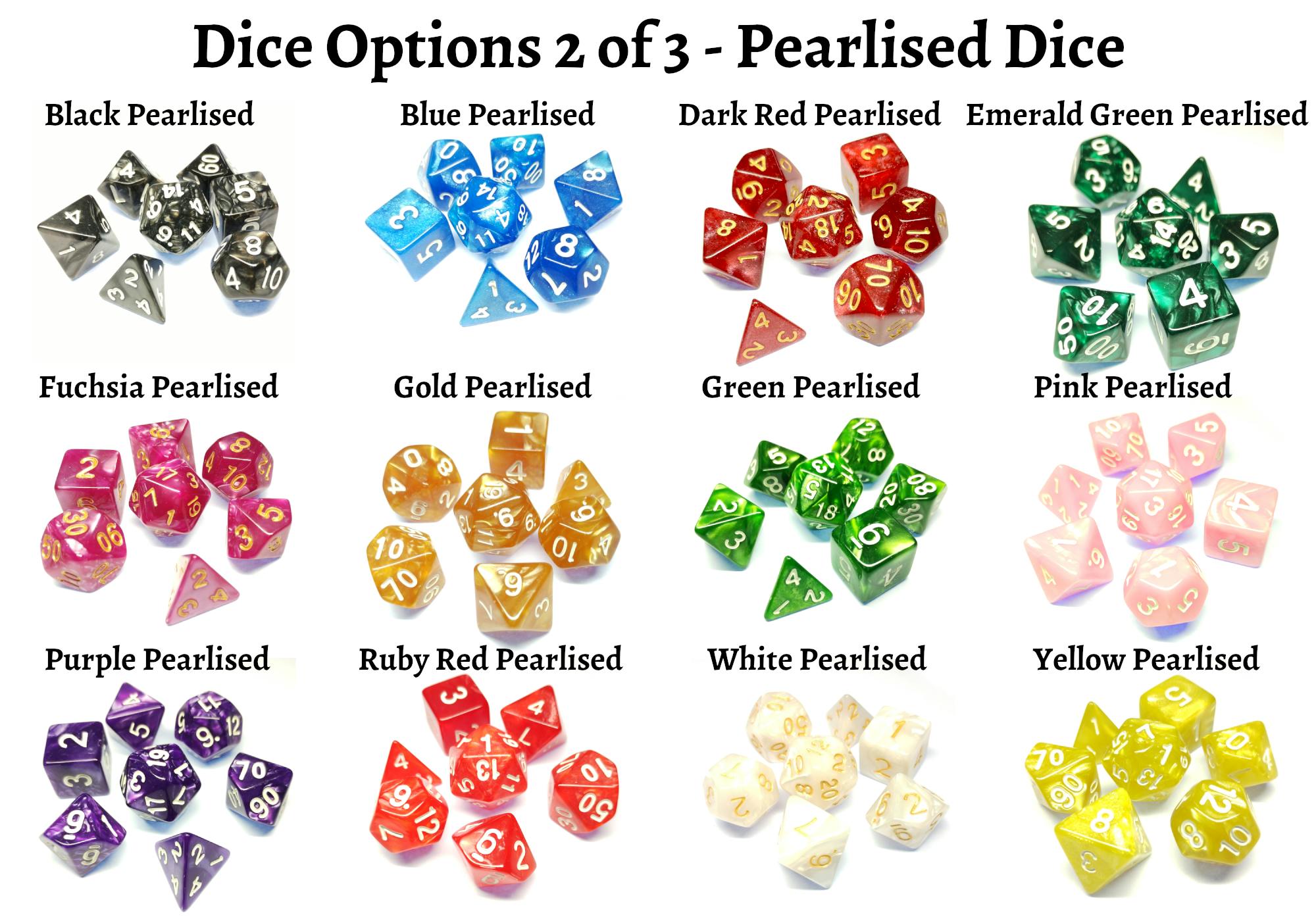  Dice options 2 of 3 - pearlised dice: black, blue, dark red, emerald green, fuchsia, gold, green, pink, purple, ruby red, white, yellow