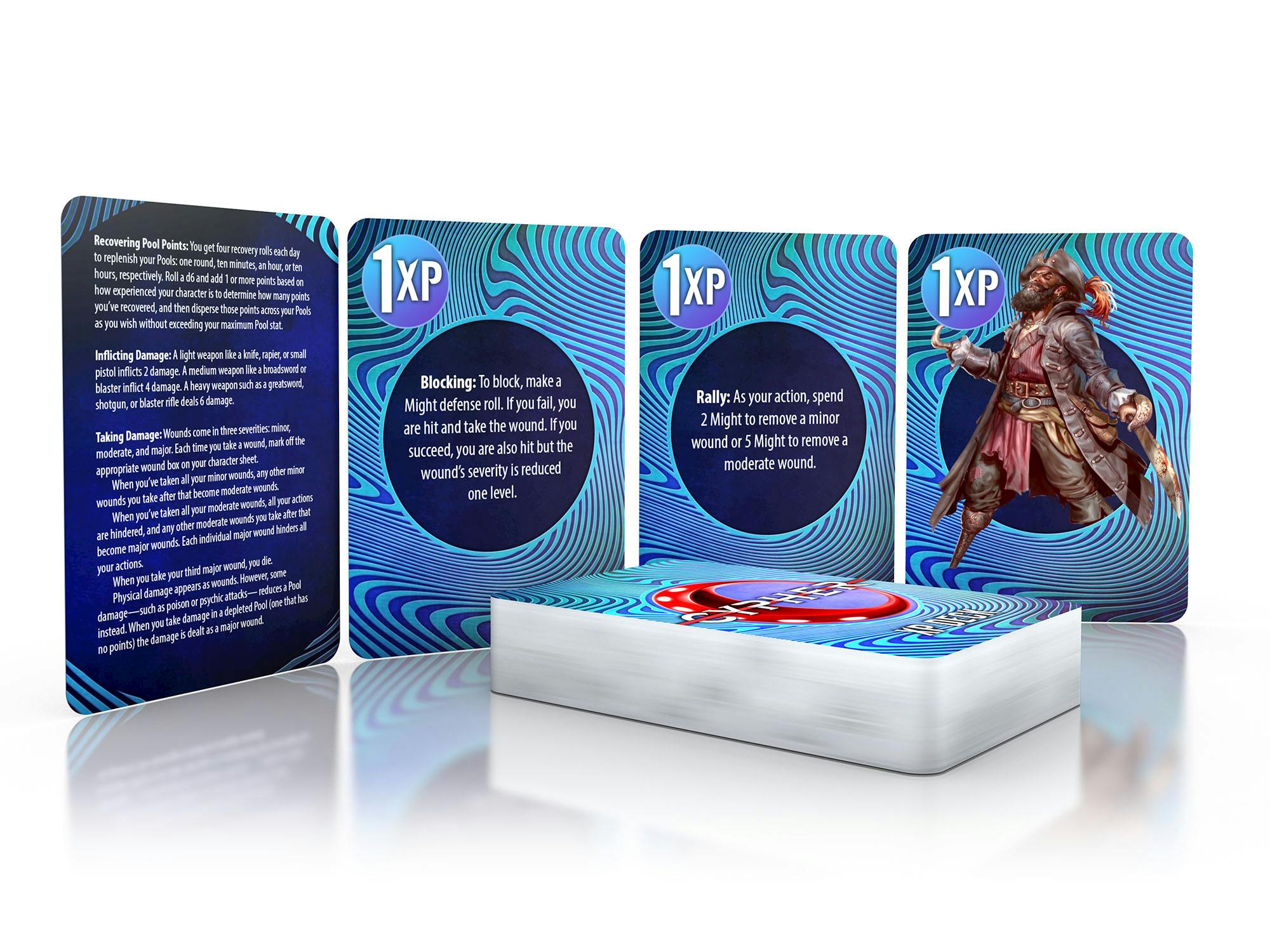 A mockup of the Cypher XP Deck showing several cards with art and game tips, as well as a reference card.