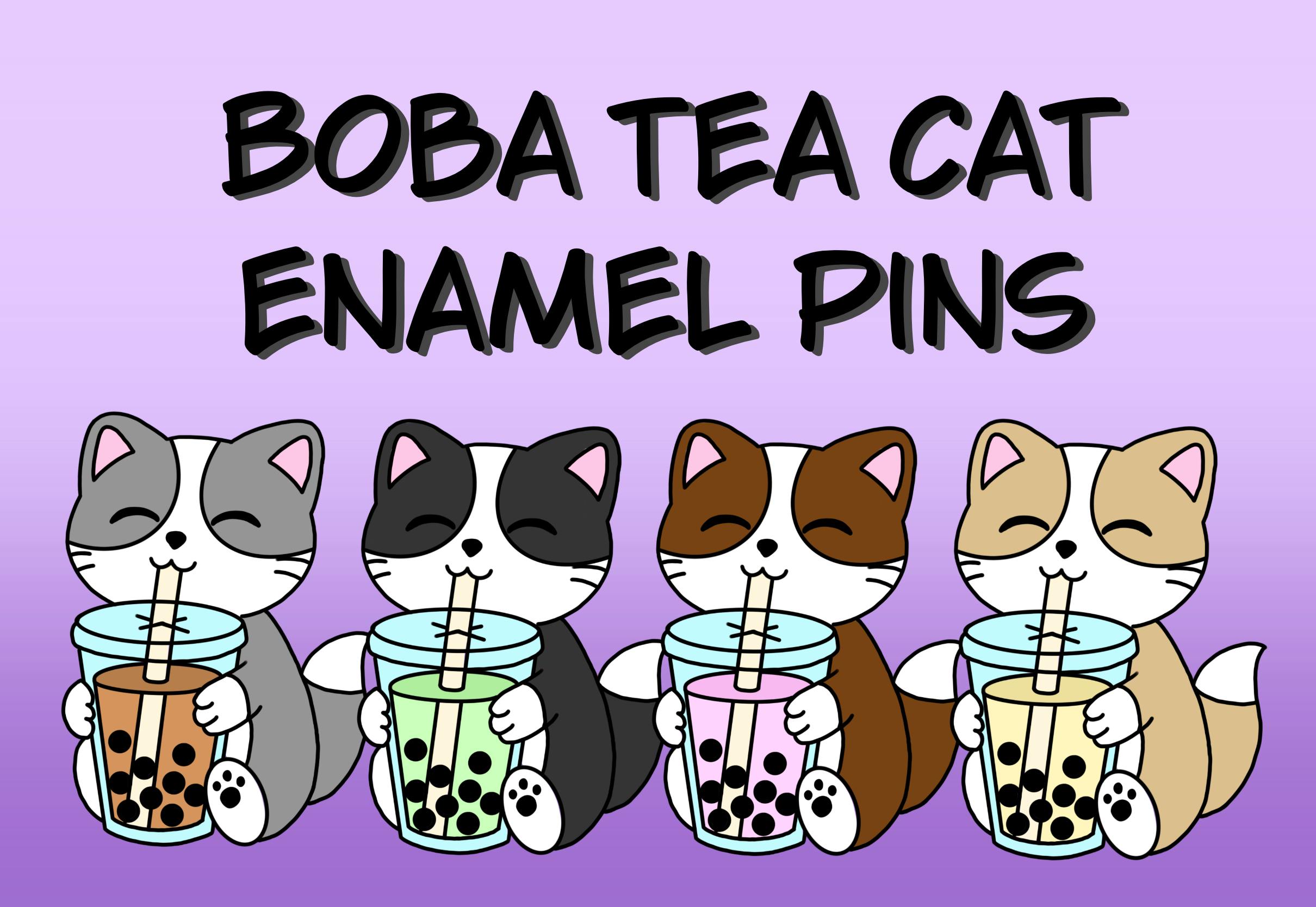 Boba tea cat enamel pins
