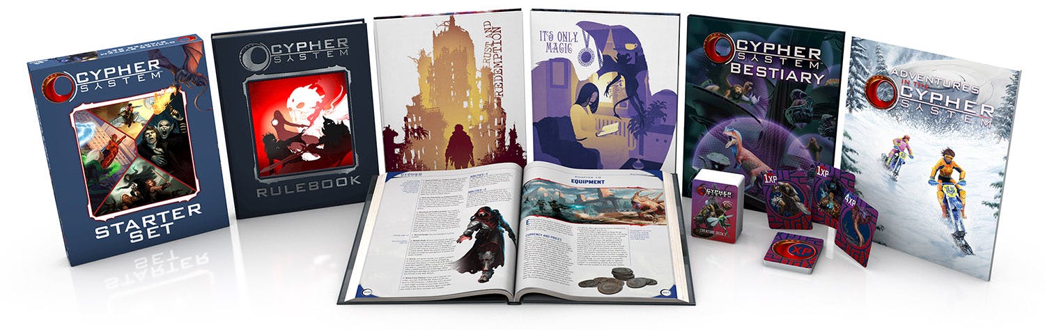 Image of a boxed starter set, the deluxe version of the Cypher System Rulebook, Rust and Redemption, It's Only Magic, the Cypher System Bestiary, the Adventures in the Cypher System book the Cypher System Creature Deck 2, and an open book showing pages of the Cypher System Rulebook