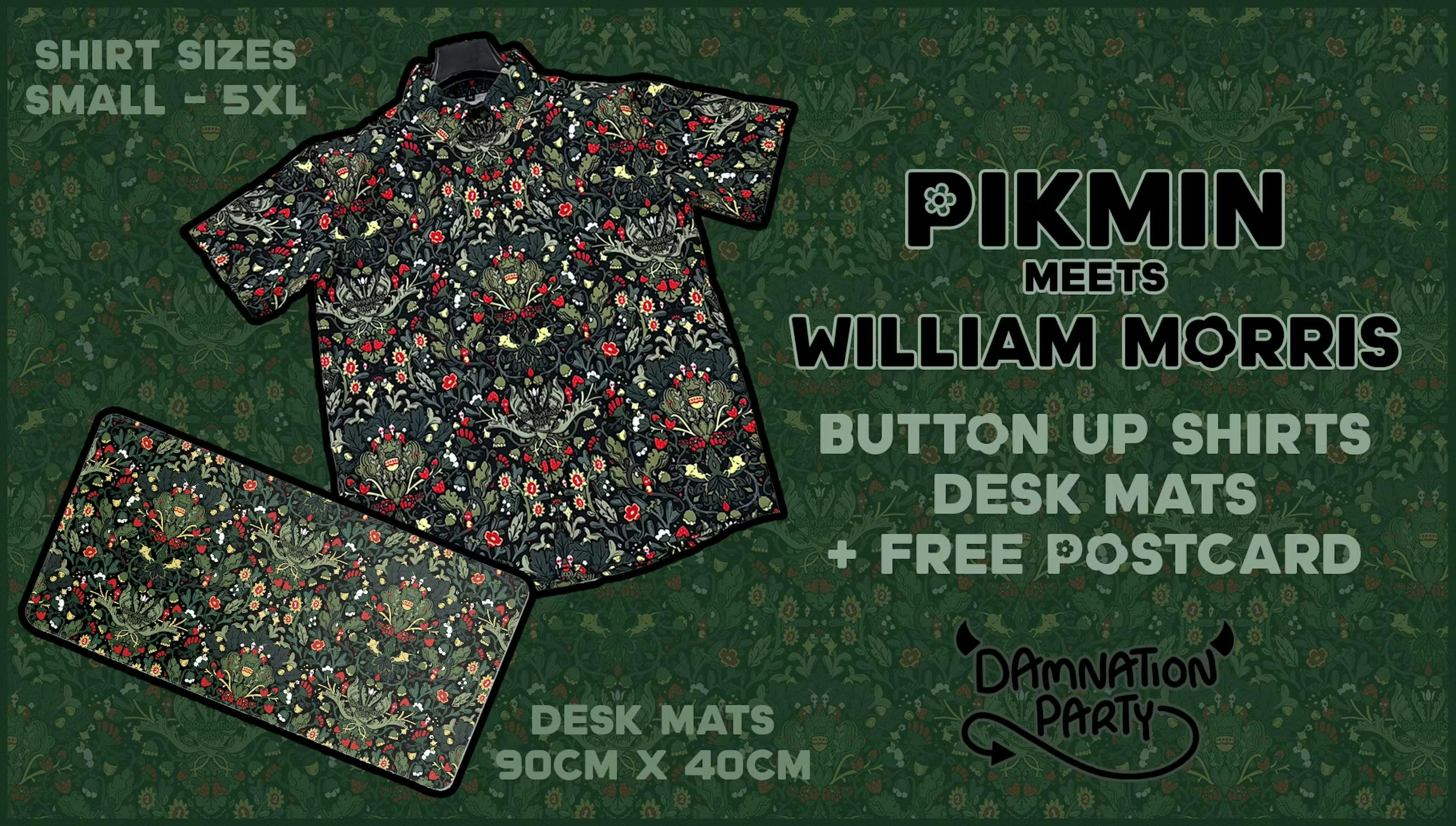Pikmin Meets William Morris: Button Up Shirts & Desk Mats!