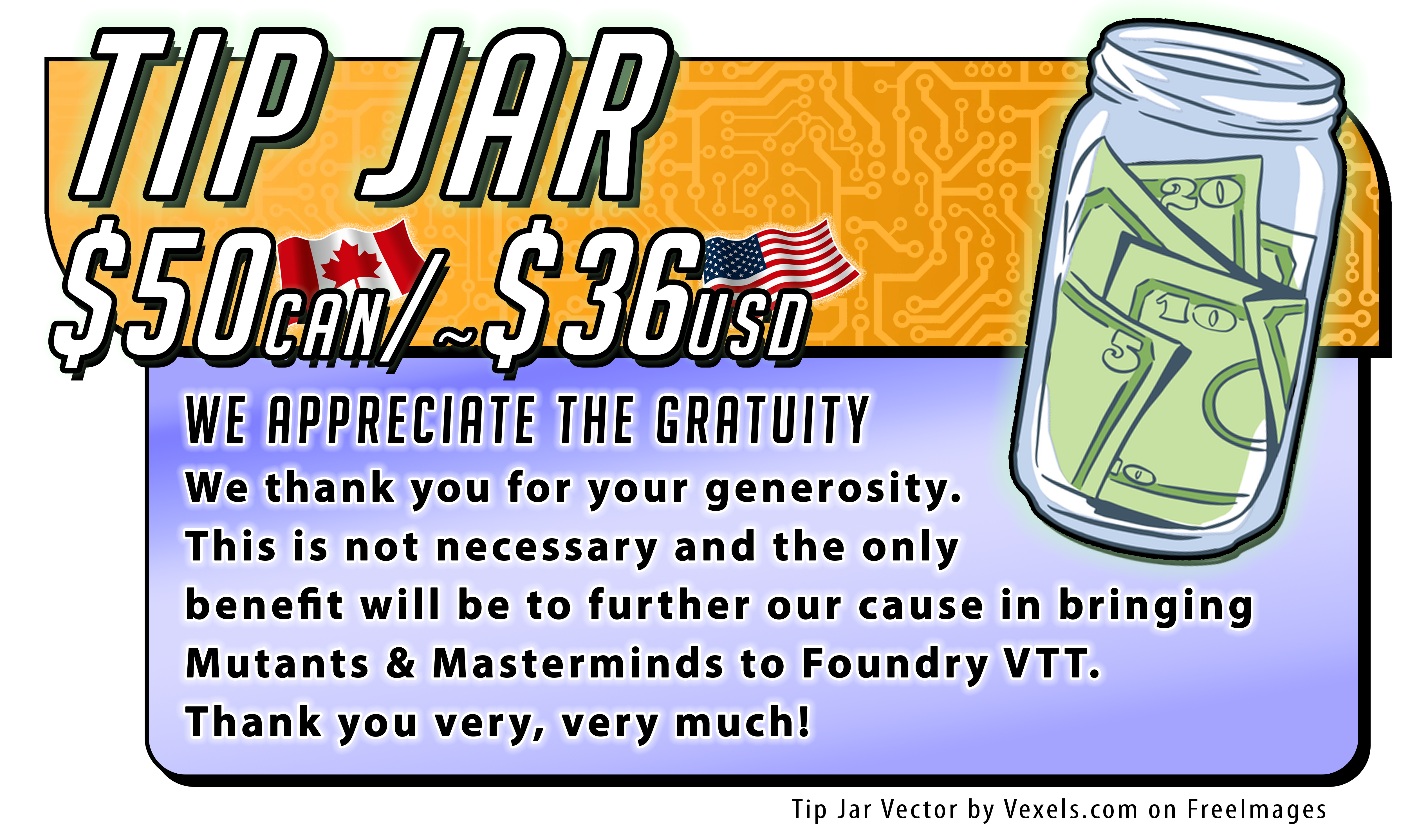 Tip Jar C$50 CAN/~ $36 USD