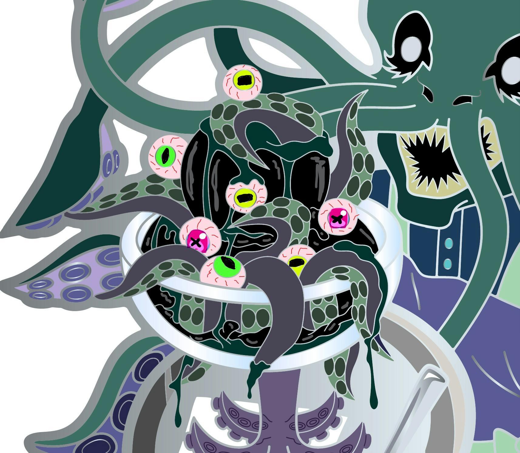 V4: Pearl Effect Black IceScream: Neon Monster Eyes with Rosy Glow-in-the-Dark Scleras, Llilac Gray/Greenish Tentacles, Dark Green Glitter Slime