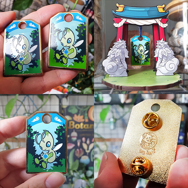 Photos of the The Healer pin on its own and displayed in The Shrine.