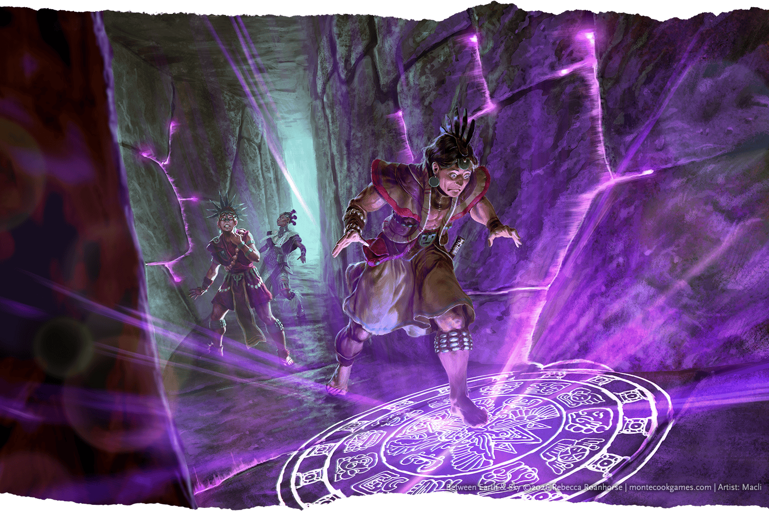 Illustration showing an adventurer in a dark stone hallway, with other characters behind him. He has just stepped on a trap, causing an ornate rune to glow on the floor.