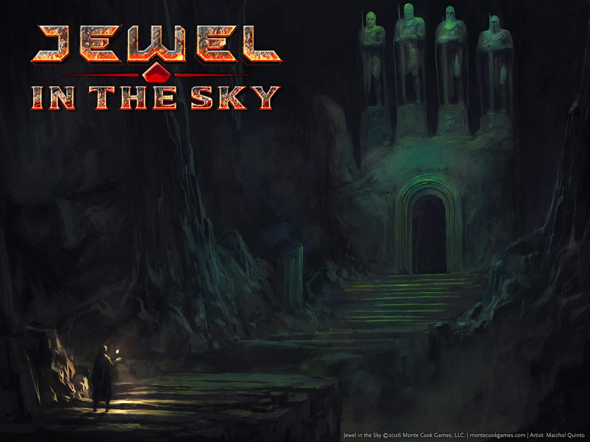 Illustration showing explorers in a dark dungeon space ascending a stairs toward an archway. Over the arch are four carved figures, which form the fingers of a hand-like carving.