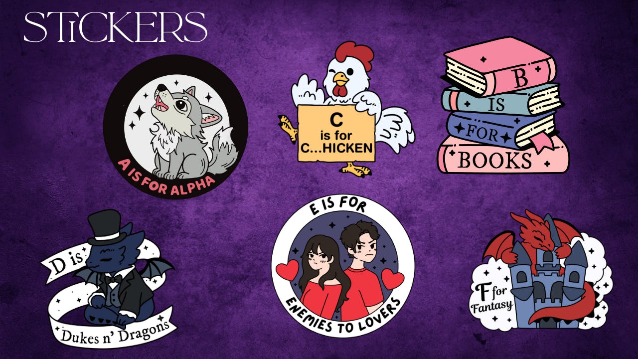 images of A B, C, D, E & F showing a howling wolf, stack of books, a dragon dressed in a top hat and vintage formal attire and a silly cartoon chicken winking, enemies to lovers a dragon wrapped around a castle