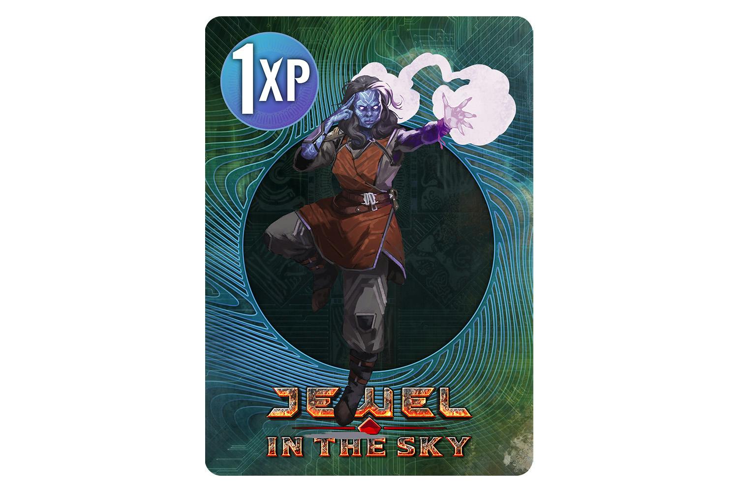 Mockup of a Cypher XP card featuring the Jewel in the Sky logo and an image of a character blasting arcane energy from their mind.