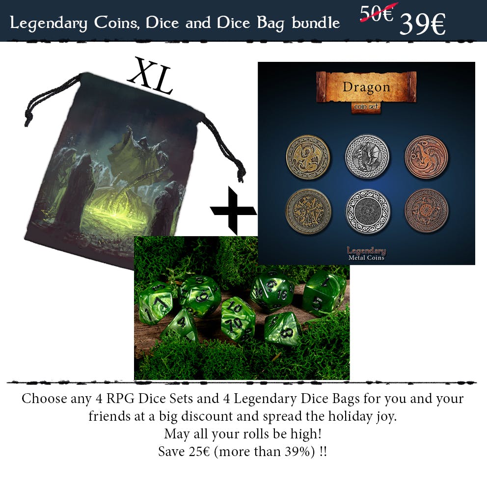  Legendary Coins, Dice and Dice Bag bundle