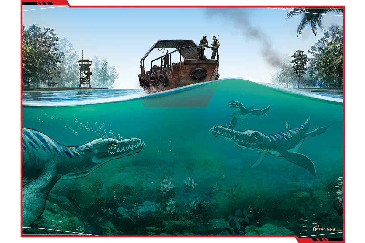 An image from Predation showing a boat moving along a river in a tropical setting, while in the water below prehistoric predators lurk.