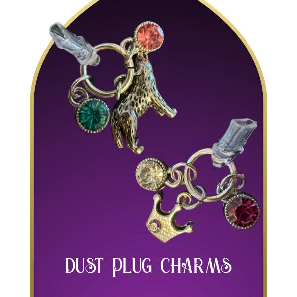 Jeweled crown and wolf charm dust plugs