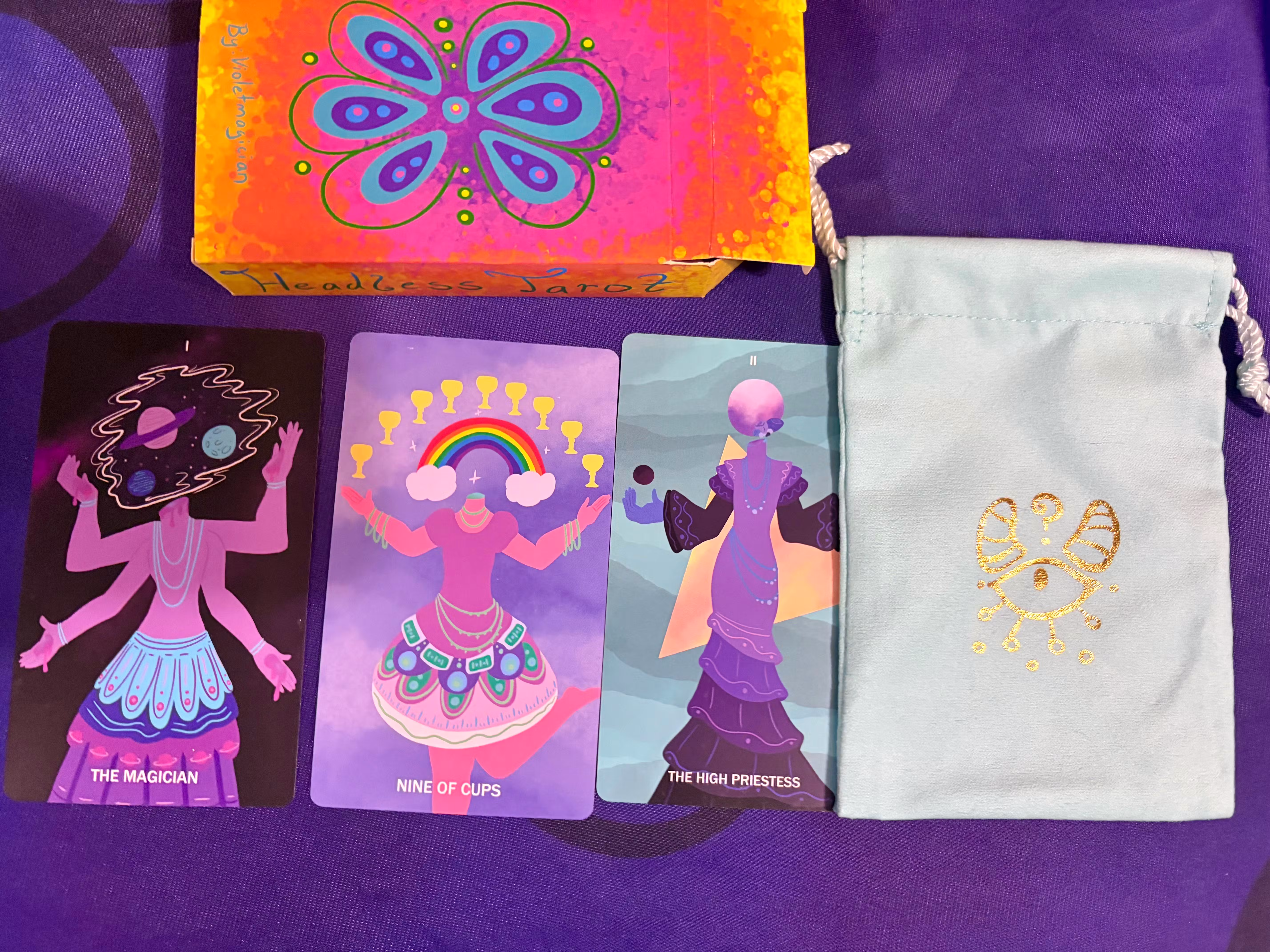 Headless tarot deck and drawstring pouch
