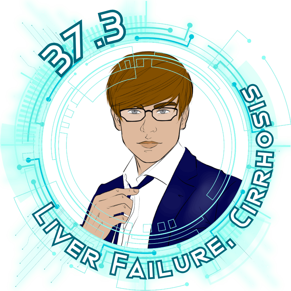  art of Elthan with the number 37.3 above him and Liver failure, cirrhosis below him