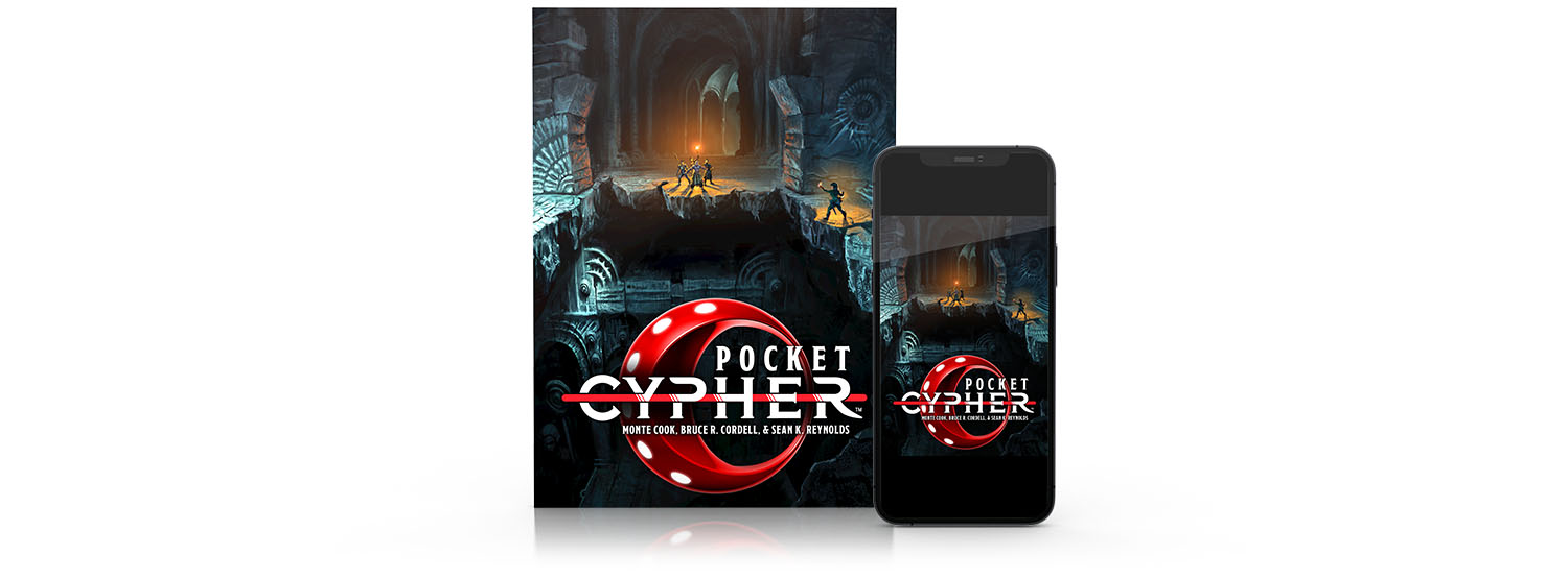 Image of Pocket Cypher as a softcover book and on a phone as PDF.
