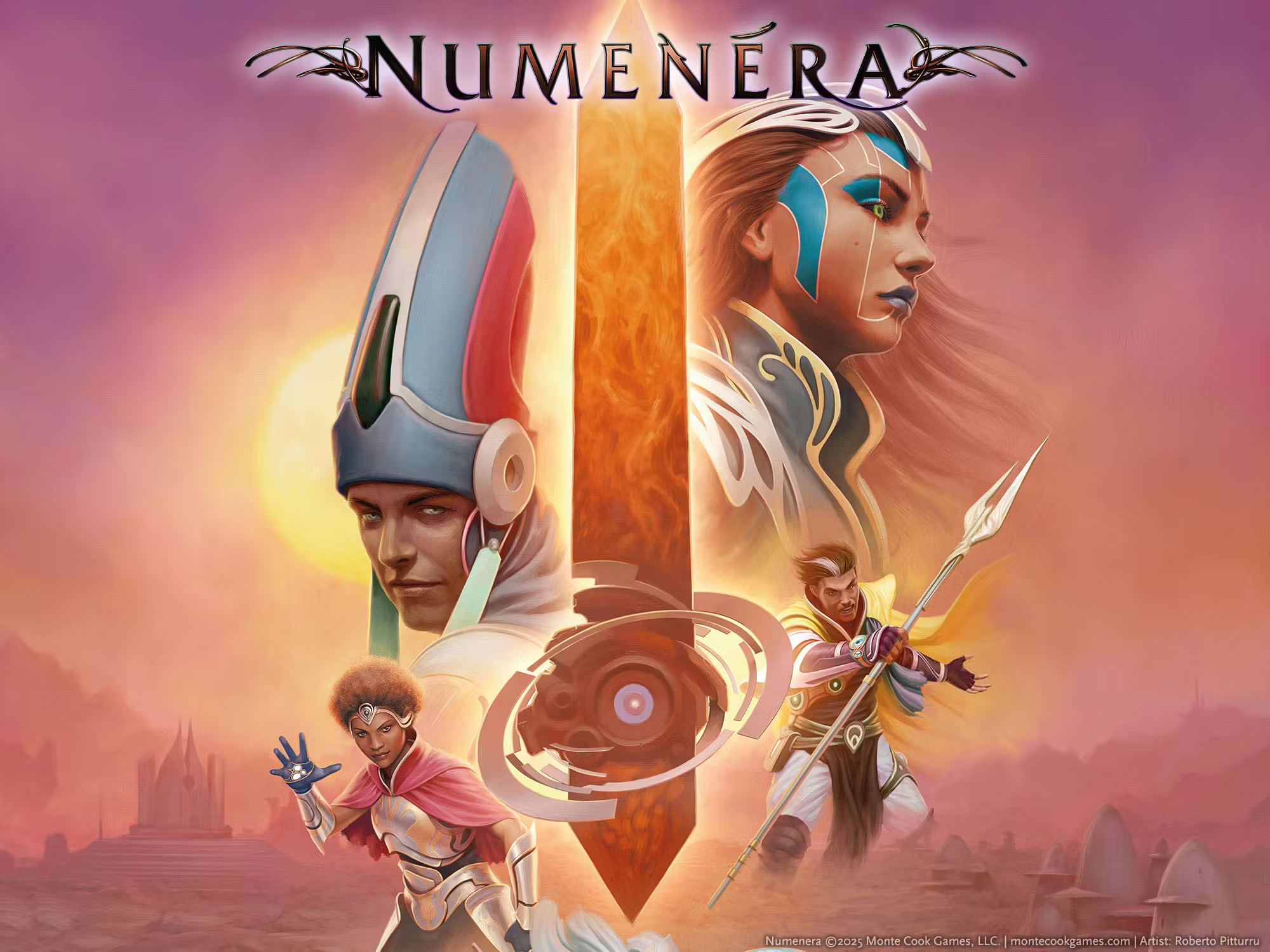 Cover Art for Numenera, showing the varied characters of the Ninth World around the Amber Monolith