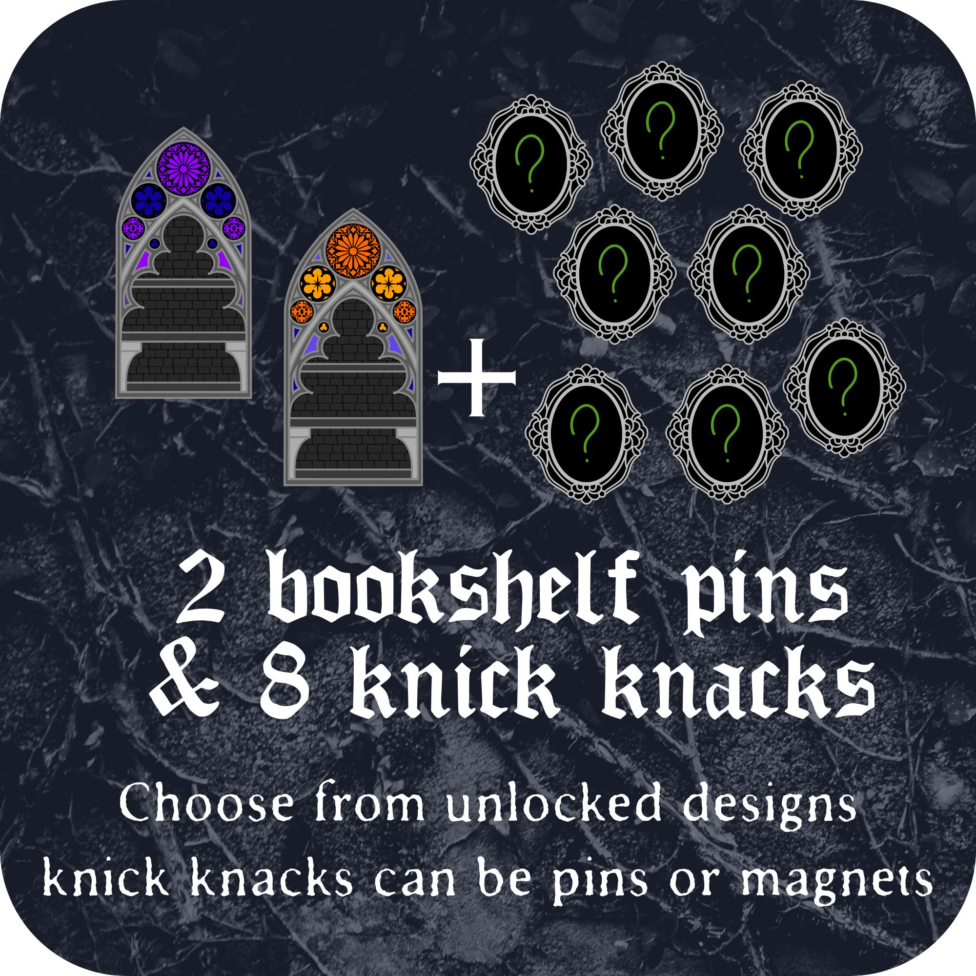 2 bookshelf pins + 8 Knick knacks