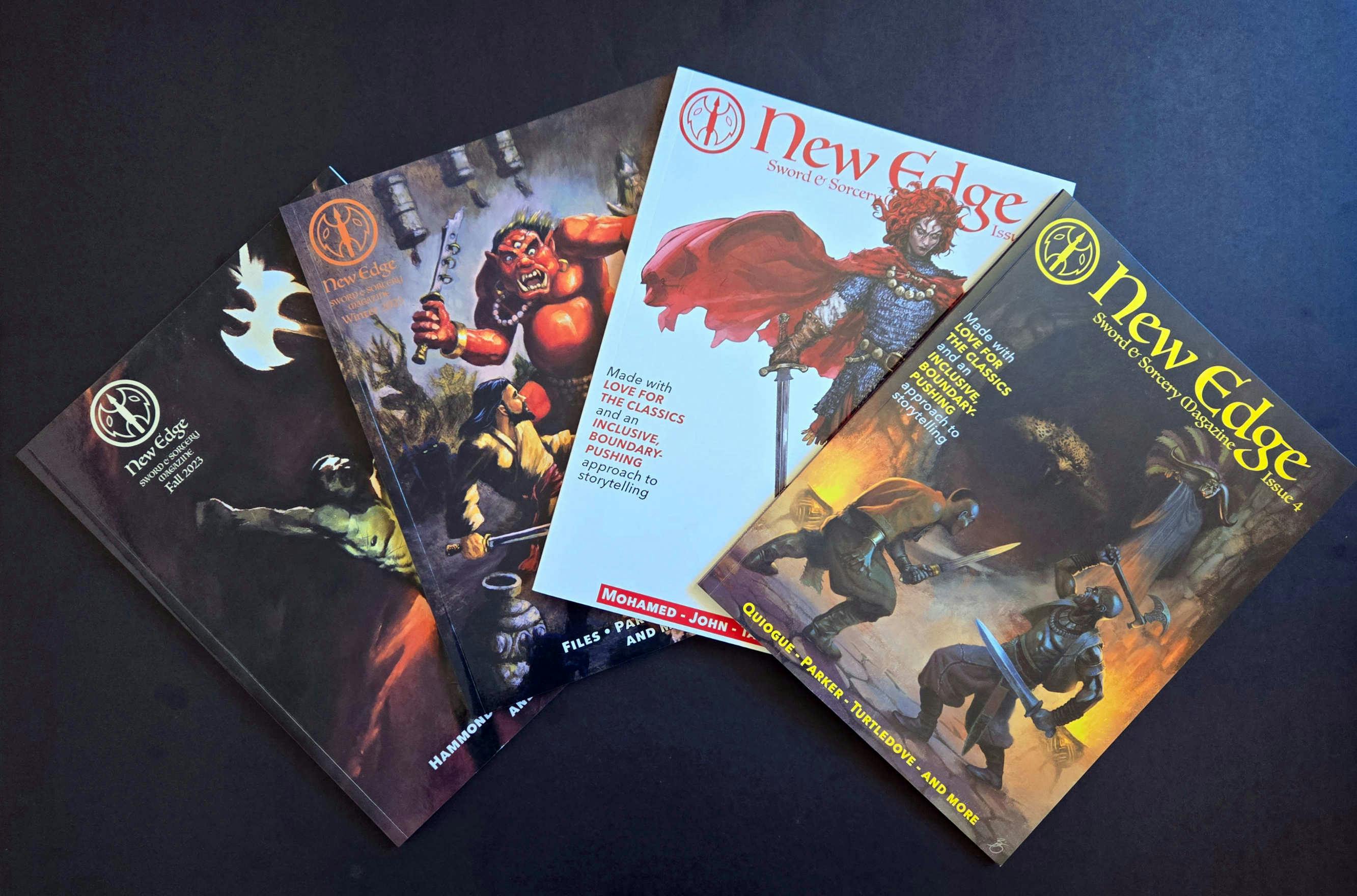  Issues one through four of New Edge Sword & Sorcery spread out like a hand of cards on a black background. 