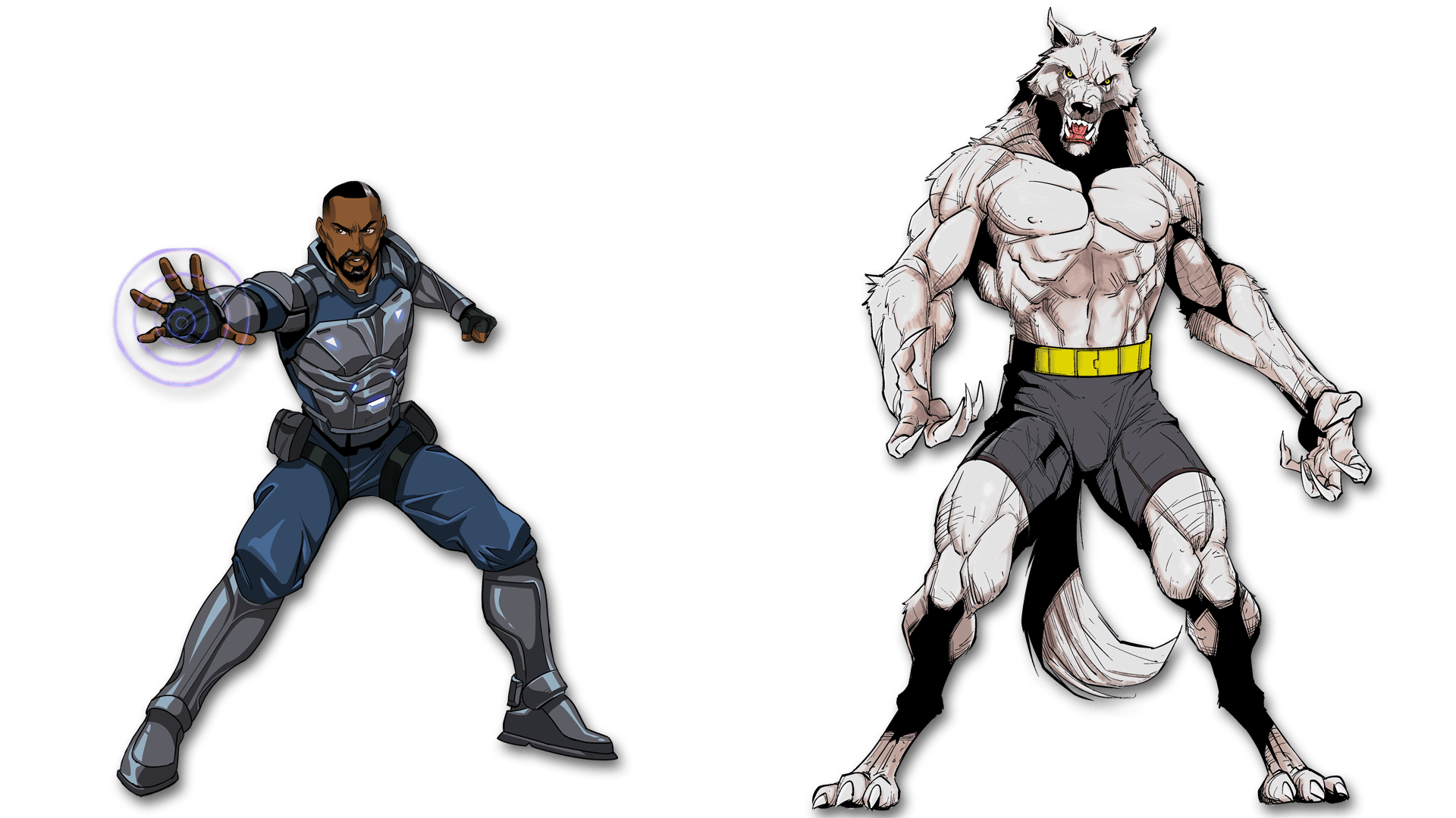 At left, a man wearing a complete body armor is protecting himself with some sort of force field. At right, a giant white werwolf wearing dark shorts and a yellow belt.