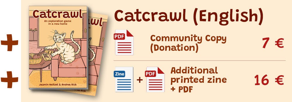 Catcrawl (English). Community Copy (Donation) 7 €. Additional printed zine + PDF 16 €. Beside the text is a mock-up of the Catcrawl zine with a second sheet underneath to symbolize the PDF.