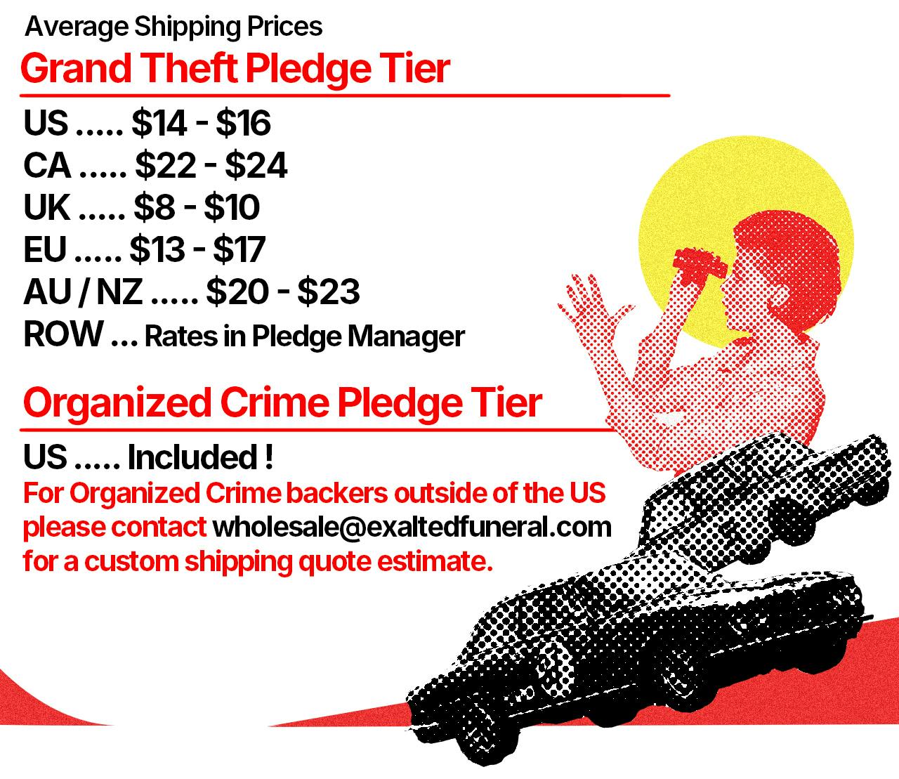 Graphic depicting average shipping Prices: US - $14-$16; CA - $22-$24; UK - $8-$10; EU $13-$17; Au/NZ - $20-$23; ROW - Rates in Pledge Manager.  Organized Crime Pledge Tier - US-Included!  For Organized Crime backers outside of the US please contact wholesale@exaltedfuneral.com for a custom shipping quote estimate.