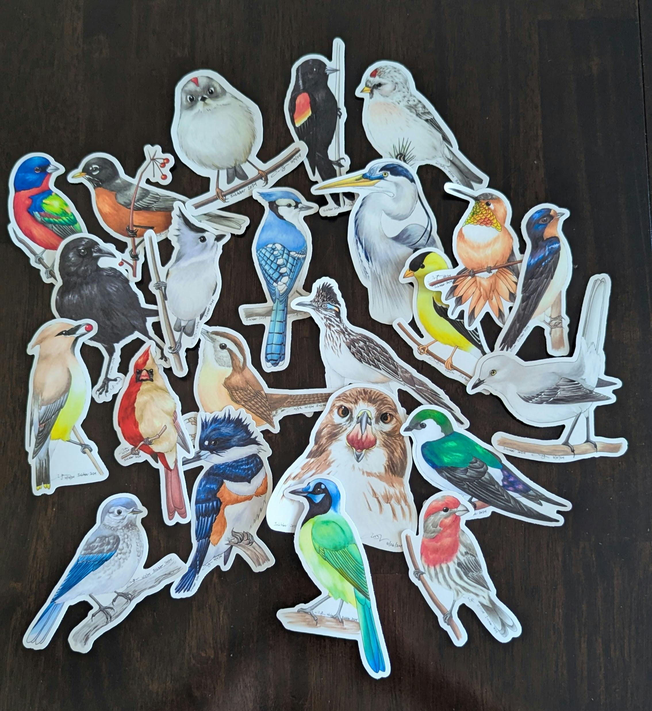 All the Birdtober stickers laid out on a wooden table