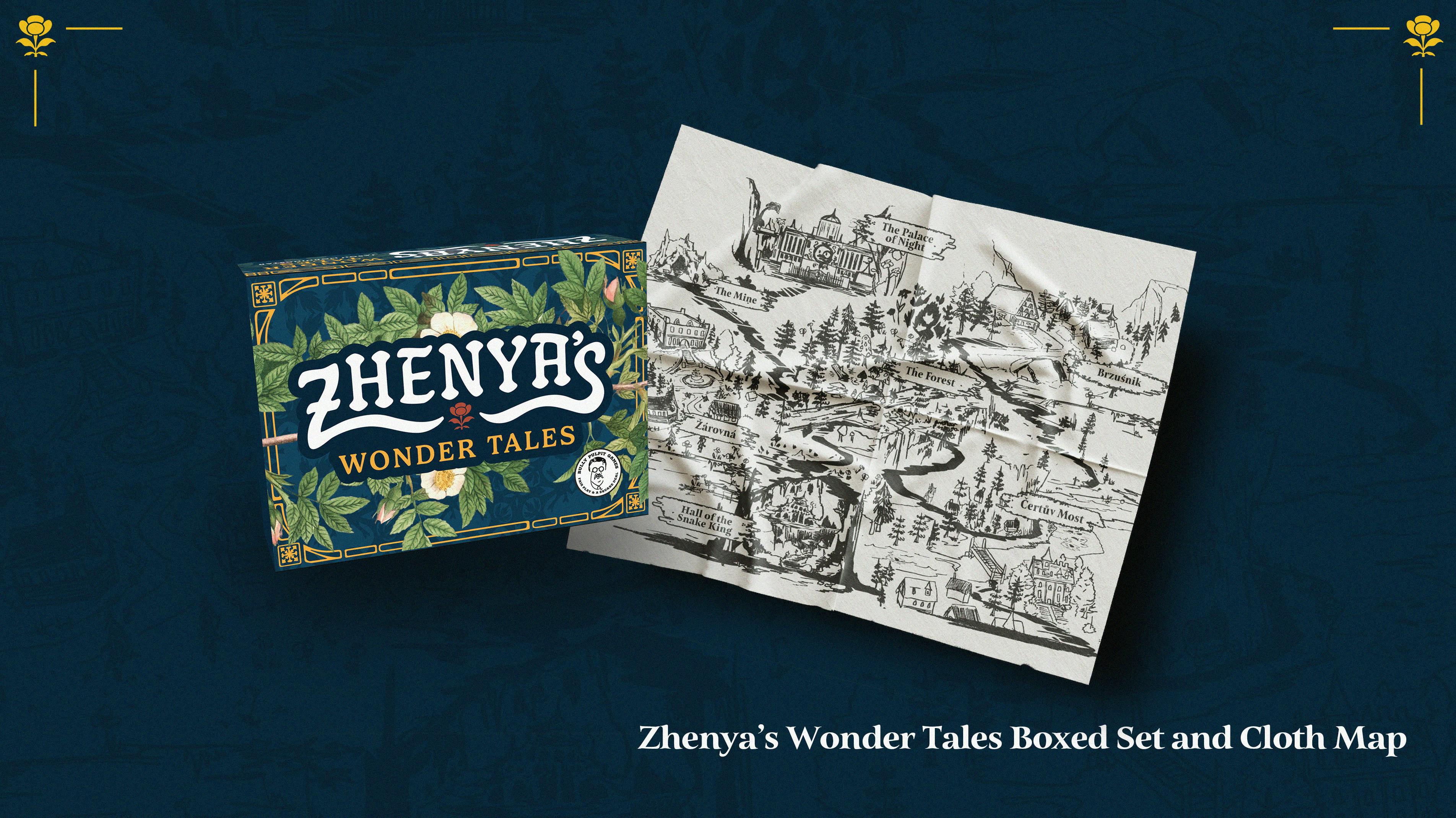 A mockup of the Zhenya's box and the illustrated canvas map