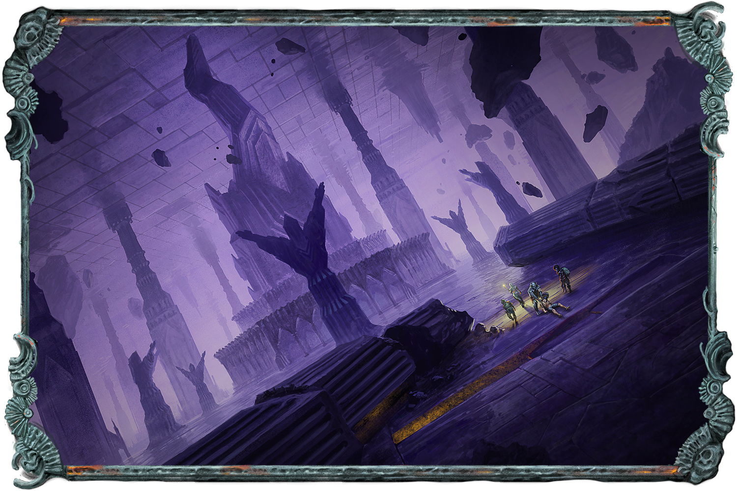 Illustration of a vast underground space filled with ornate columns and huge statues, all lit by an eerie pale purple glow.