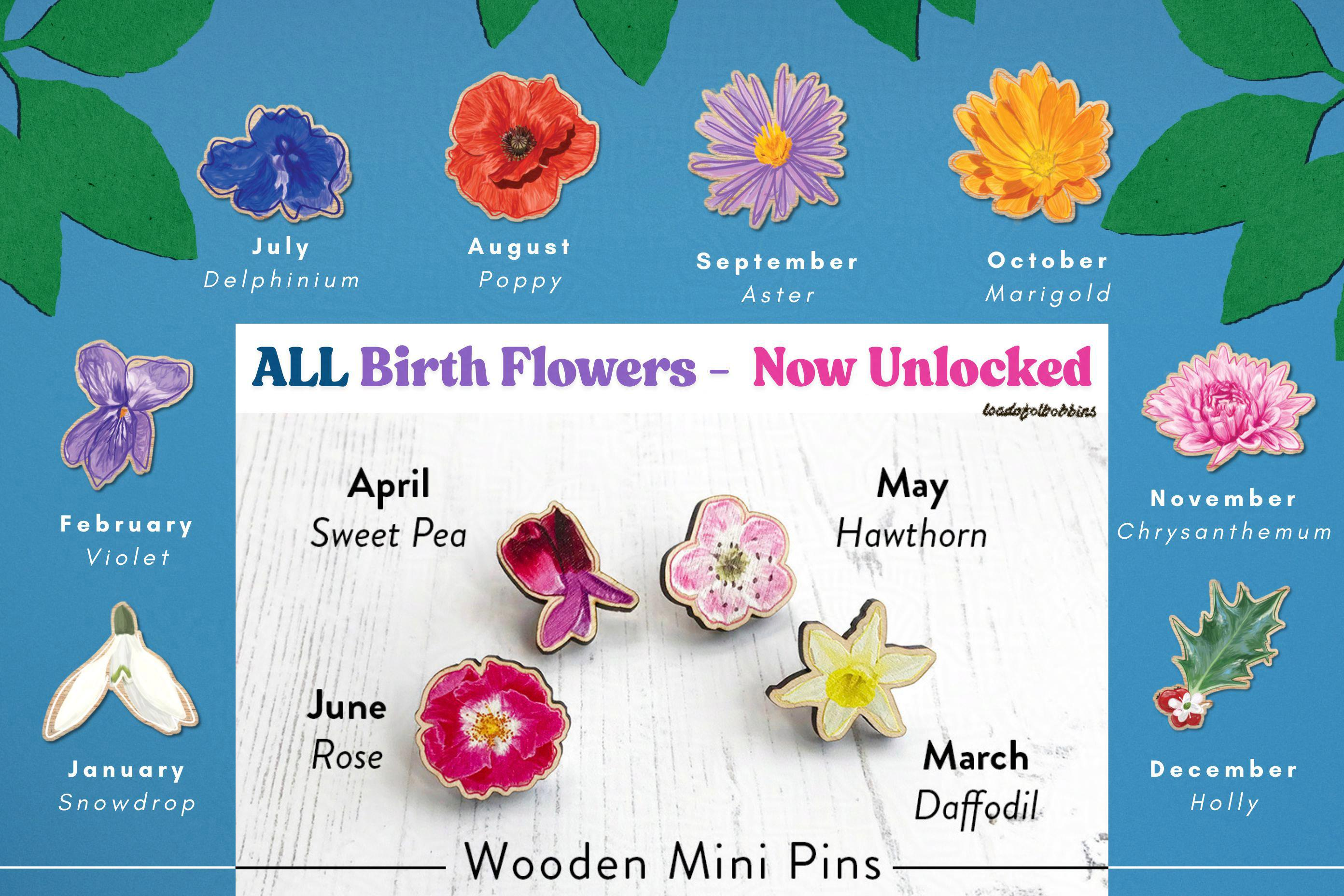 A series of 12 designs for wooden mini pins created from original digital illustrations by Loadofolbobbins. All birth flowers now unlocked. They are as follows January - Snowdrop, February - Violet, March - Daffodil, April - Sweet Pea, May - Hawthorn, June - Rose, July - Delphinium, August - Poopy, September - Aster, October - Marigold, November Chrysanthemum and December - Holly.