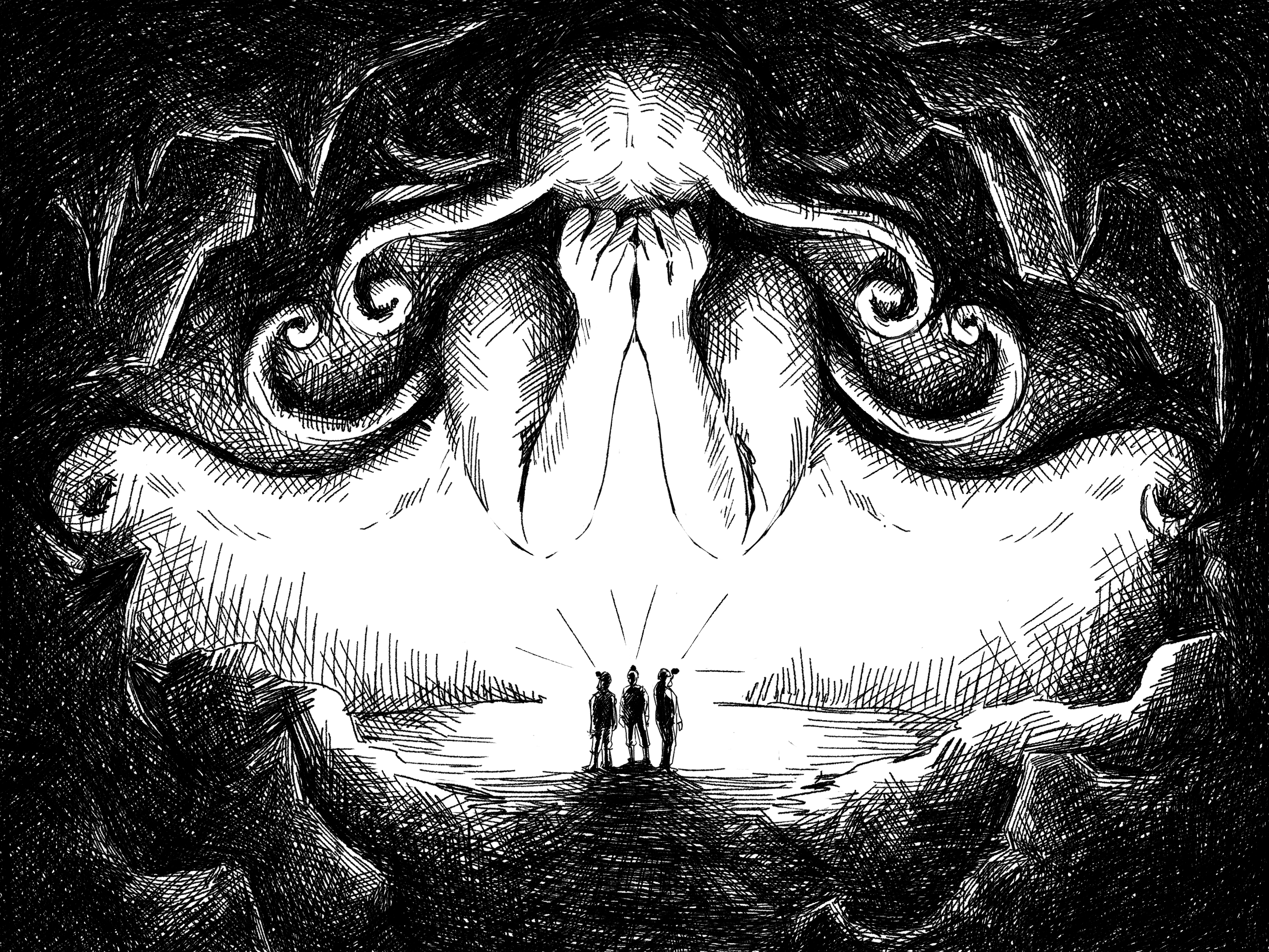 A black and white, cross-hatched sketch of three cavers inside a cave. Above them is what looks like a carving of a figure with long curling hair covering their face with their hands. 