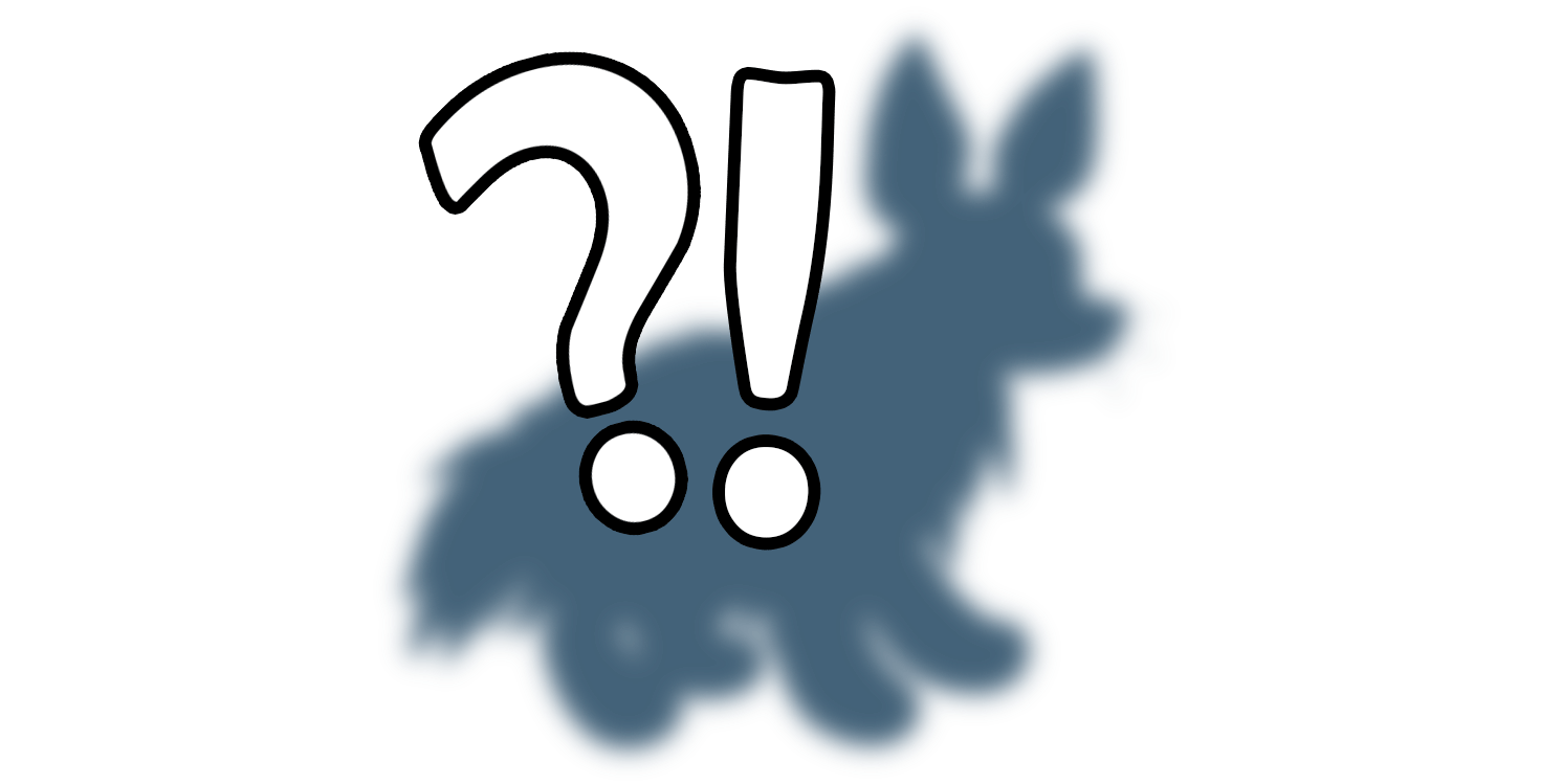 '?!' placed over a blurry silhouette of a brown hyena plush.