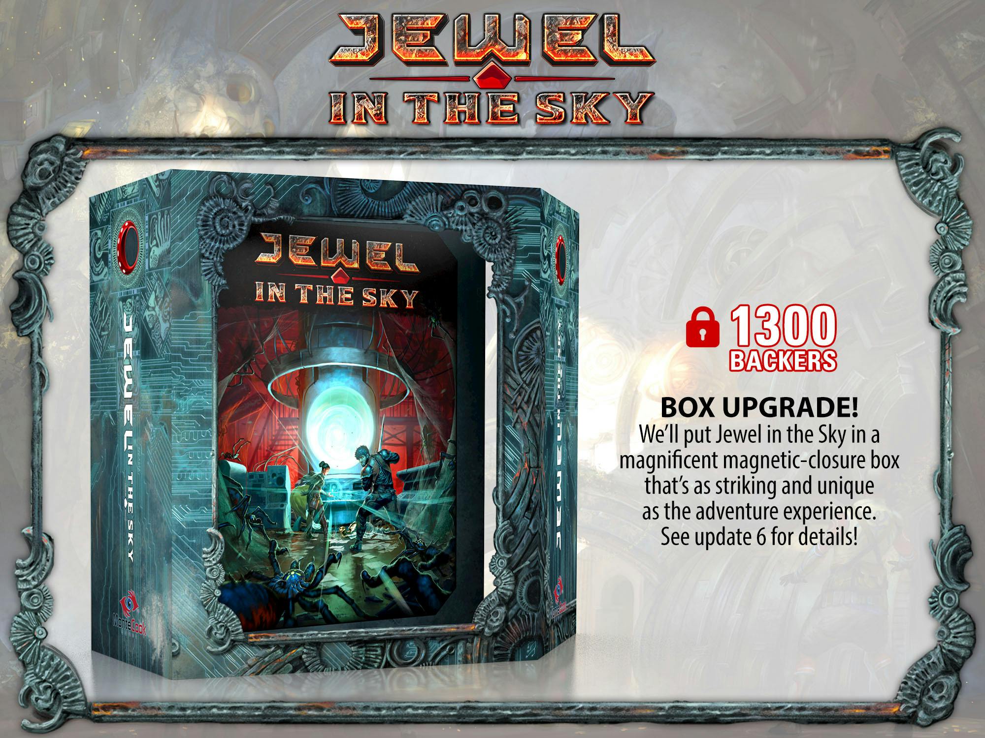 Mockup of a Jewel in the Sky box with a front panel that's die-cut to reveal the art beneath, and a side-locking magnetic closure.