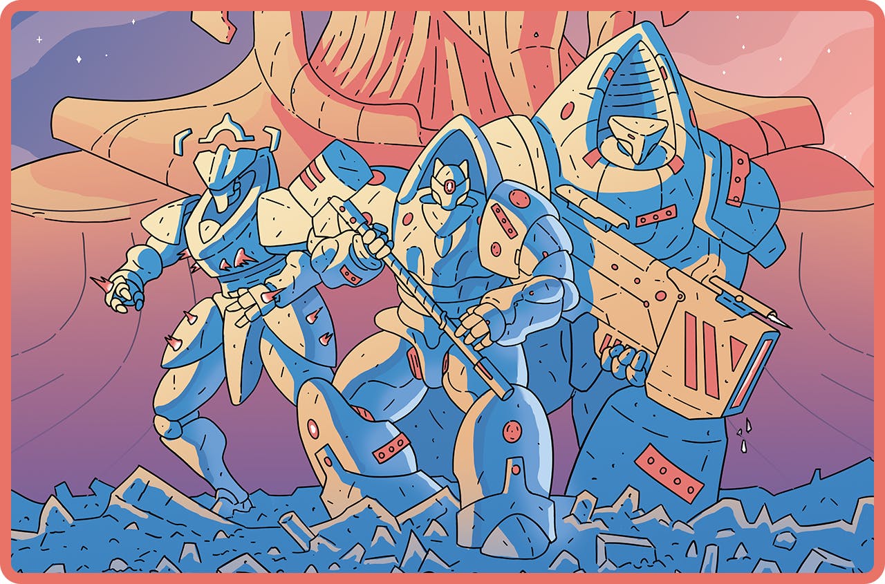 Artwork: Three Mechs stand strong against those that would threaten peace.