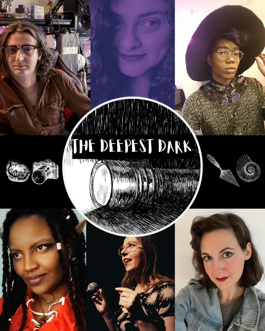  A graphic showing headshots of Amber Devereux, Poorna Mazumdar, Nathan Blades, MasqueWren, Ella Watts and Georgia Cook, with The Deepest Dark torch in the middle 