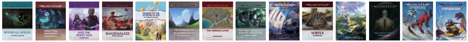 An image showing all of the covers of the Numenera Adventure Collection.