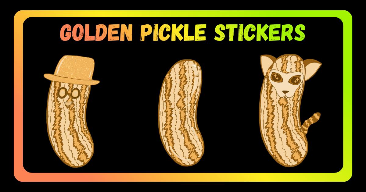  Golden Pickle Stickers: There is a golden pickle with a hat and a face, one that is just a plain pickle, and a final one that has a cat face, ears, and tail 
