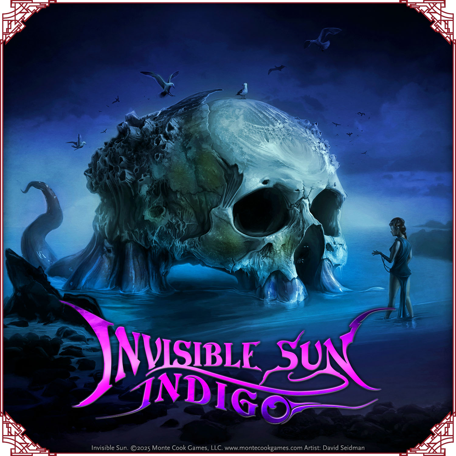 Invisible Sun art featureing a woman on a beach, negotiating with a giant barnacle-covered skull that has emerged from the water, with the Invisible Sun: Indigo logo. Right-click to download and share.