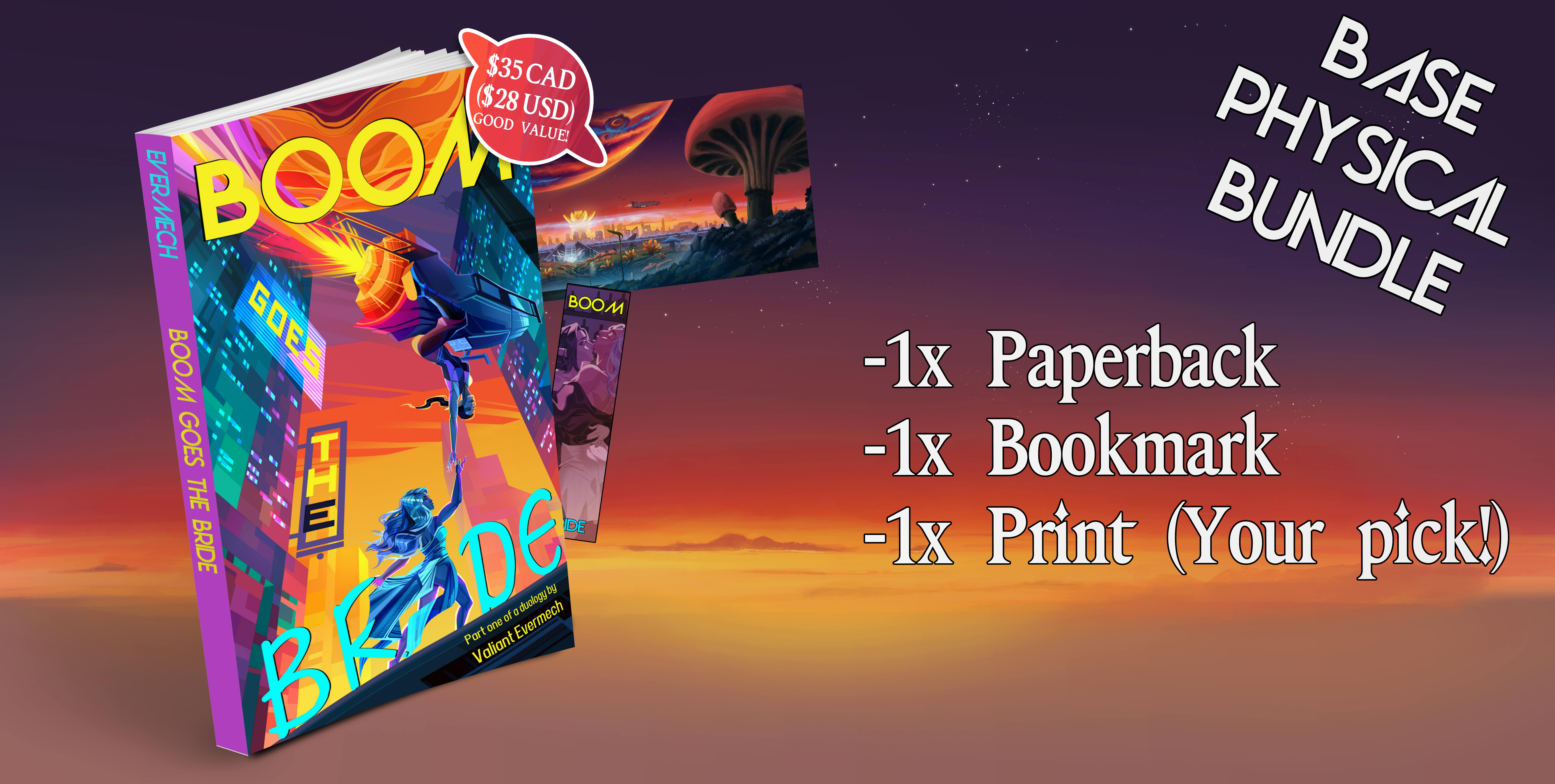 A mockup of the book. A sticker reads $35 CAD/$28 USD. GOOD VALUE! Text on the right reads 1x paperback book, 1x bookmark, 1x print.
