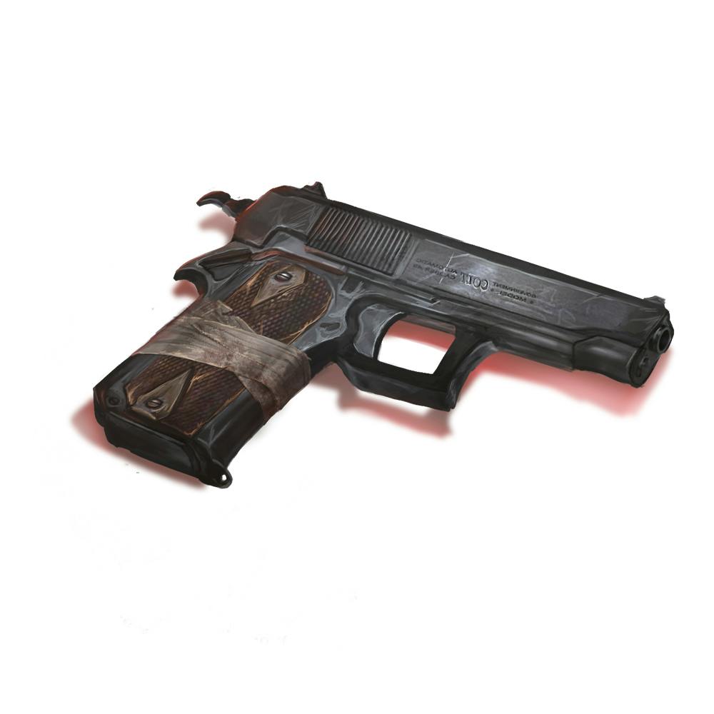 Handgun, flashlight, first-aid spray