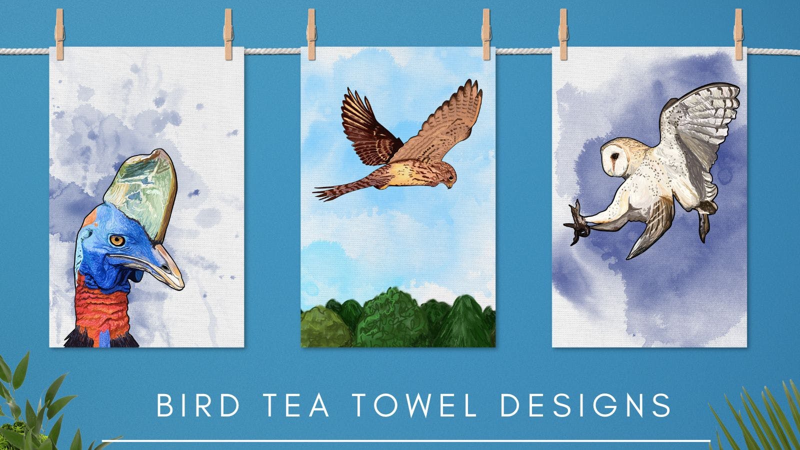  a series of three tea towel mock ups showing original bird themed designs illustrated by Loadofolbobbins. From left to right they show a close up head illustration of a Cassowary, a female kestrel hovering over some trees and a barn owl swooping mid flight. They all have inky blue wash backgrounds. 